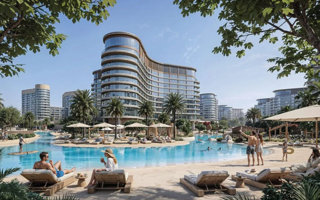 Curved residential buildings by a large pool with palm trees
