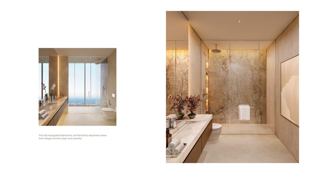 modern bathroom interior with large glass shower and marble walls