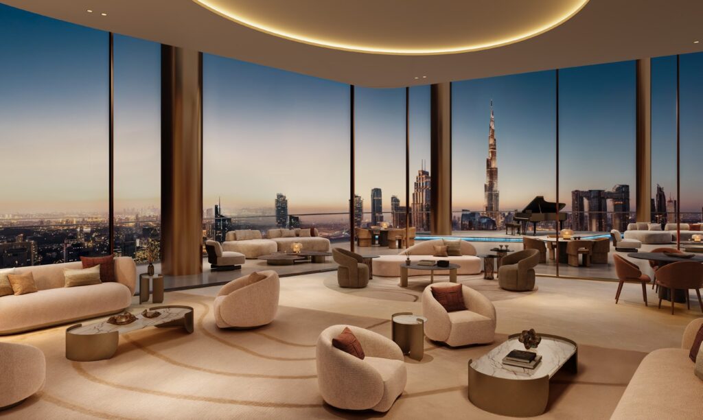 Interior event salon with panoramic city and Burj Khalifa views