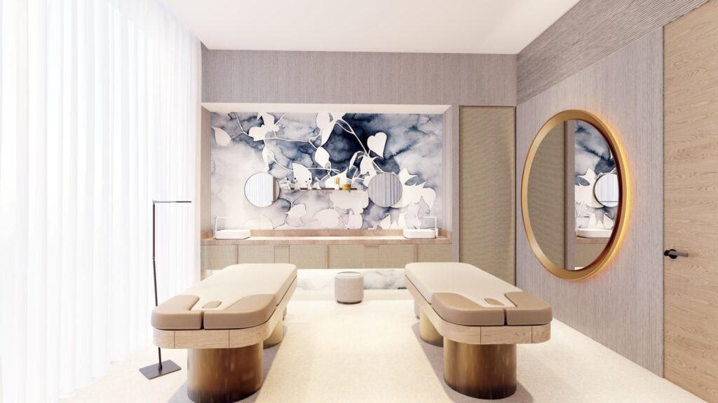 Interior render of a spa room with two massage tables and round mirror
