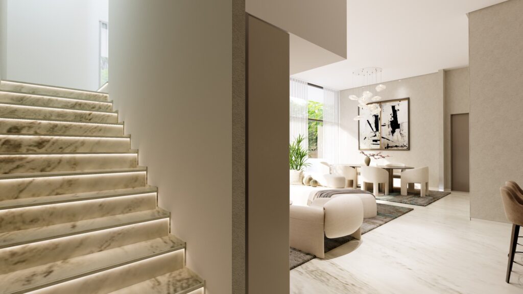 interior views of duplex with living, dining, and staircase