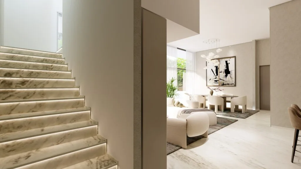 interior views of duplex with living, dining, and staircase