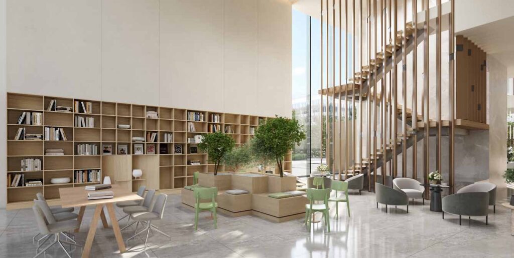 Interior render of living room and lounge area with modern furniture
