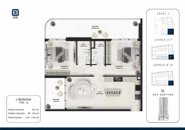 Squarex One floor plan 2-спальн. · 1120 sqft