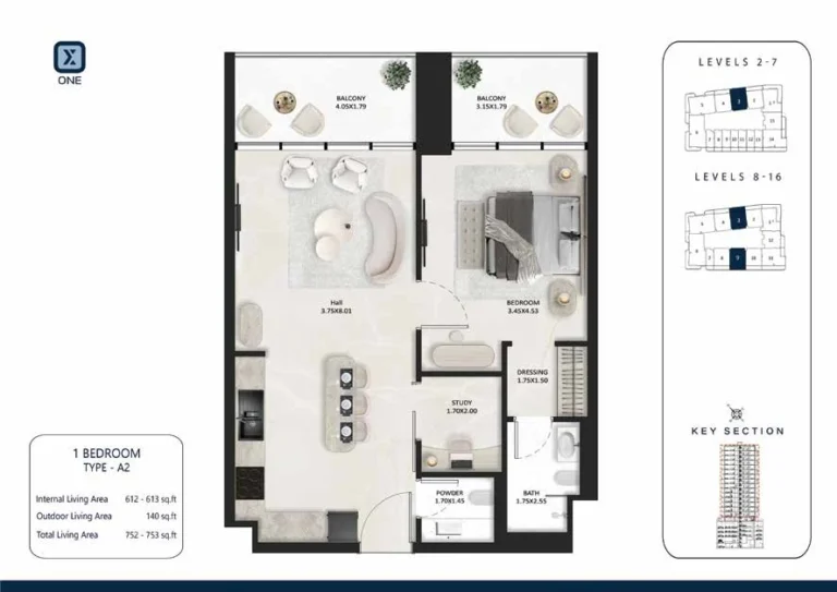 Squarex One floor plan 1-спальн. · 753 sqft