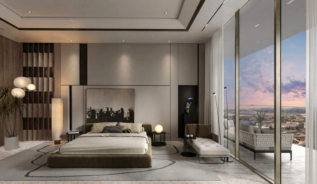 Modern bedroom interior with large windows and balcony view