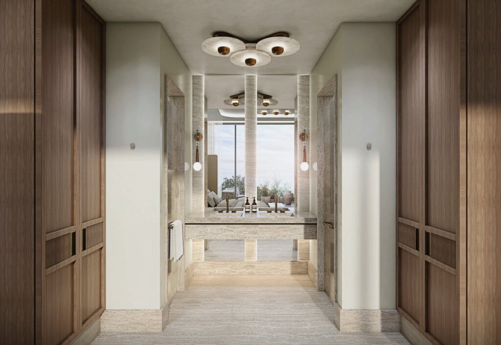 Interior view of bathroom with double sink and wooden closets