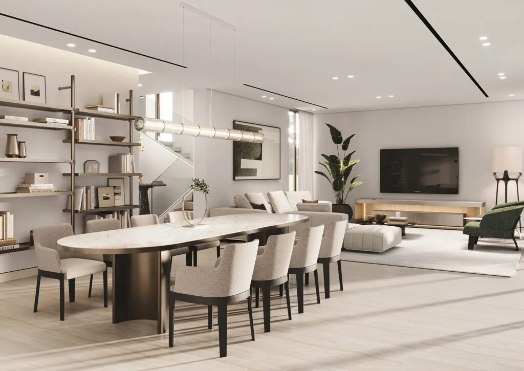 Interior render of dining and living room with modern furniture