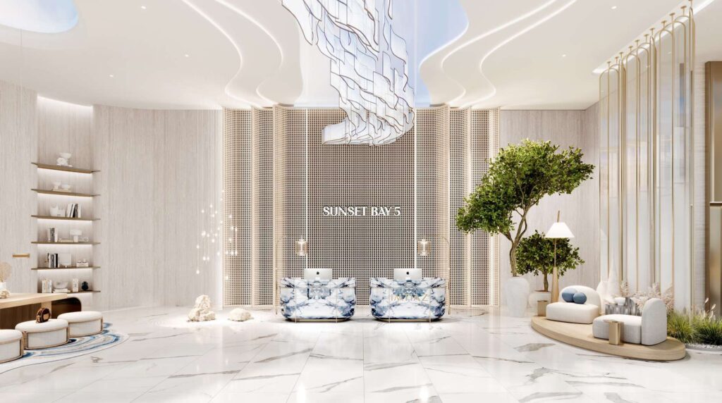 Modern lobby interior with reception desks and decorative lighting