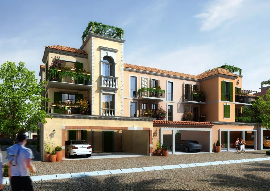 Sur La Mer corner townhouse with garage and balconies on a paved street (developer rendering)
