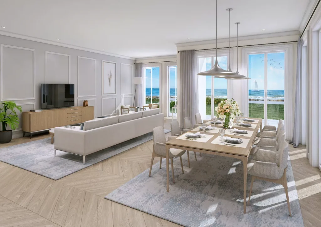Townhouse living and dining room with sea-facing glazed doors (developer rendering)