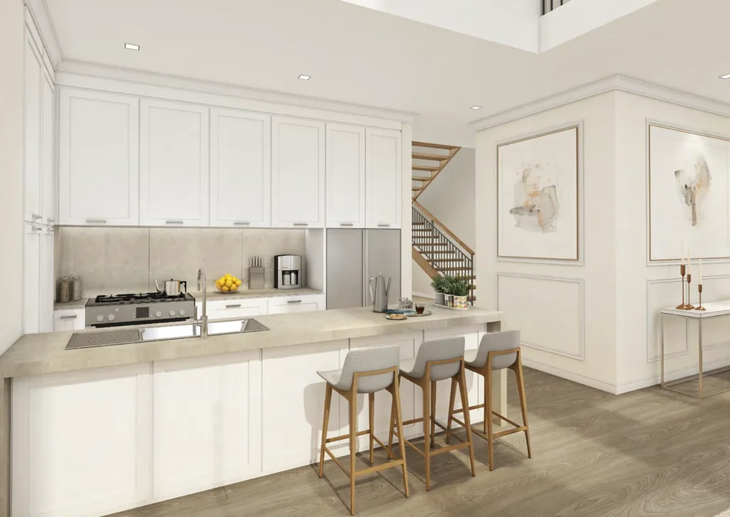 Townhouse kitchen with island, bar stools and feature staircase (developer rendering)