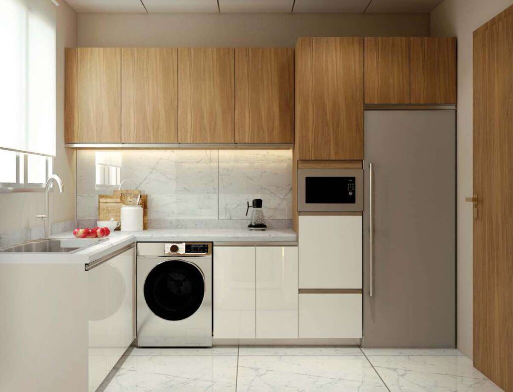 three views of a modern kitchen with wood cabinets and white appliances