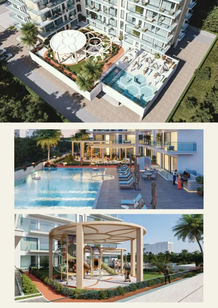 Outdoor pool, rooftop terrace, and playground in residential complex