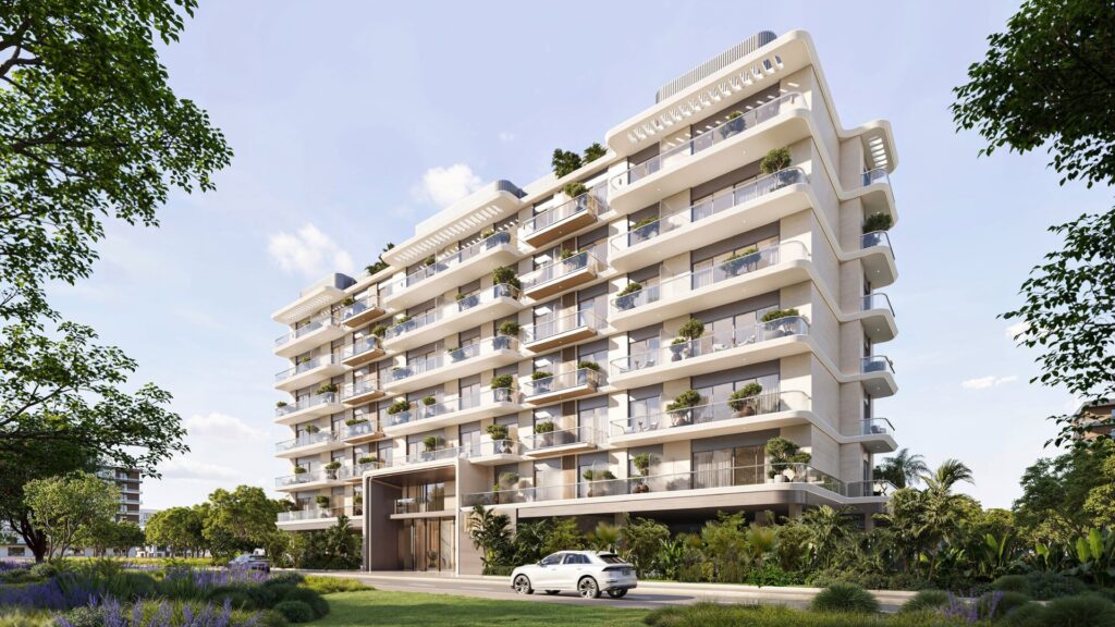 Exterior render of a modern multi-story residential building with balconies