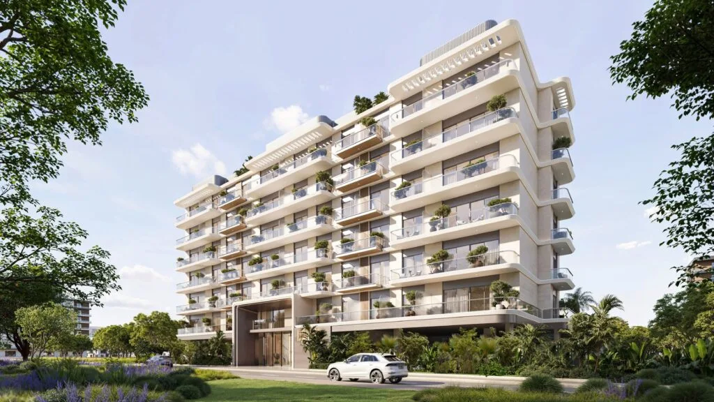 Exterior render of a modern multi-story residential building with balconies