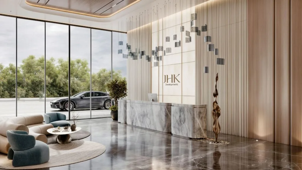 Modern lobby interior with marble reception desk and seating area