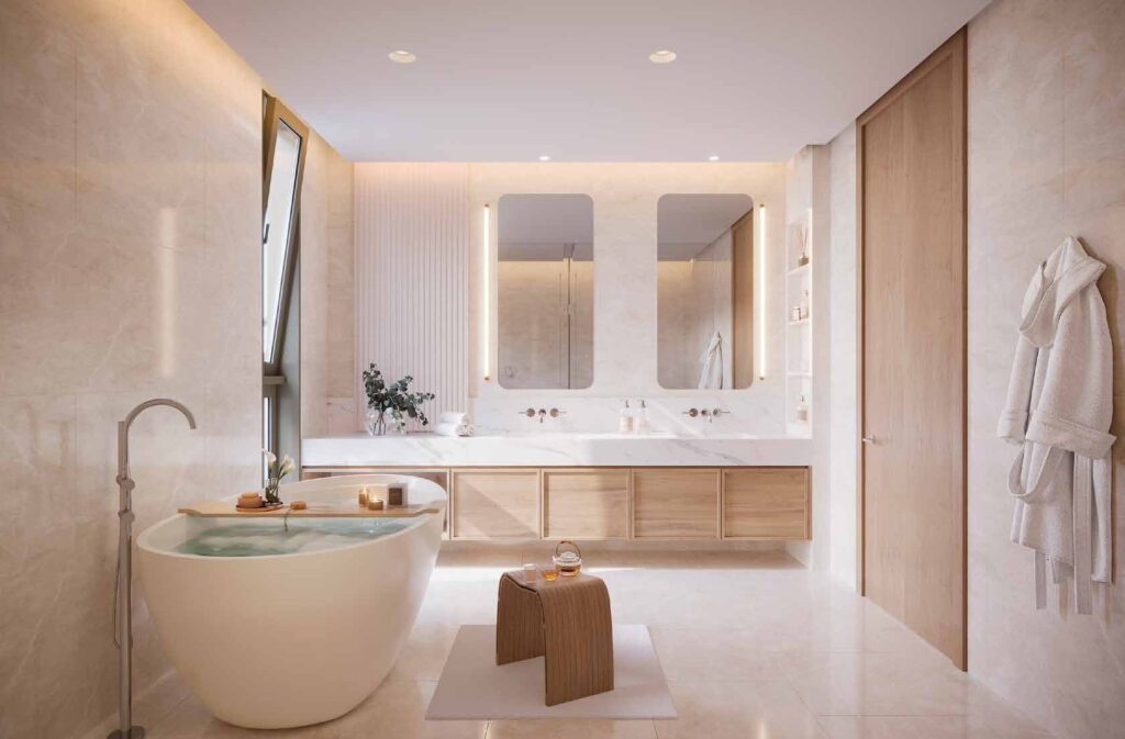modern bathroom with freestanding tub and double vanity