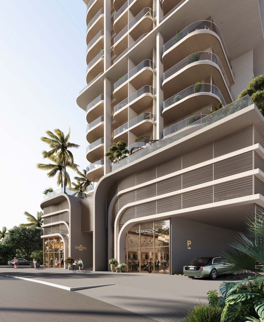 Exterior view of modern high-rise building with curved balconies