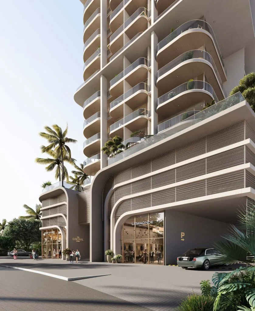 Exterior view of modern high-rise building with curved balconies