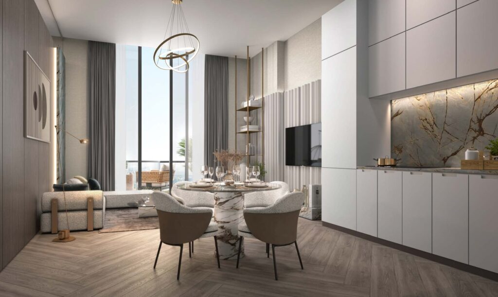 Interior render of bathroom with bathtub and living room with dining area