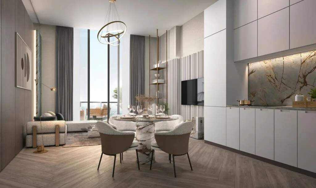 Interior render of bathroom with bathtub and living room with dining area