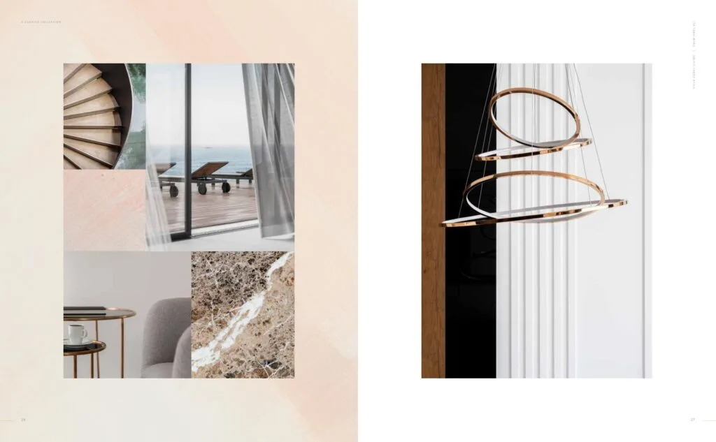 collage of interior details including spiral staircase and chandelier