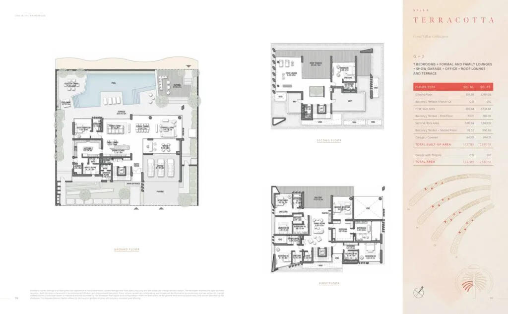 Three floor plans of a villa with pool and garage layout