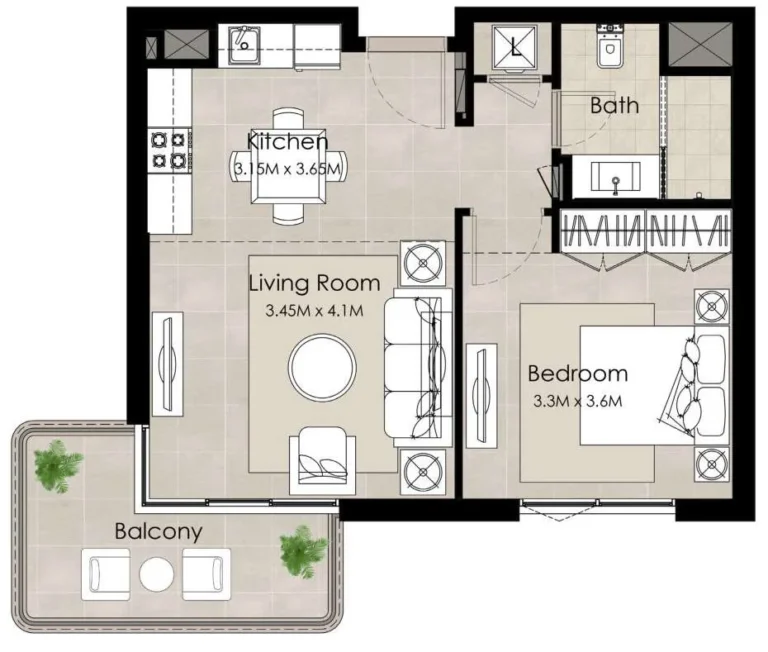 The Diplomat floor plan 1-спальн.