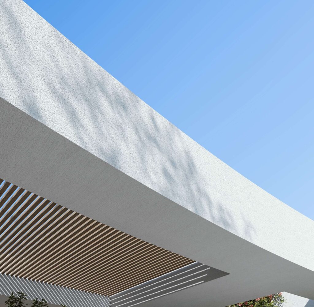 Exterior architectural render of a modern villa roof and pergola
