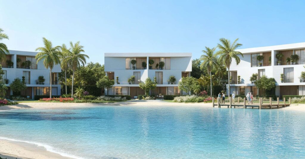 Modern white buildings near a calm blue water body with palm trees