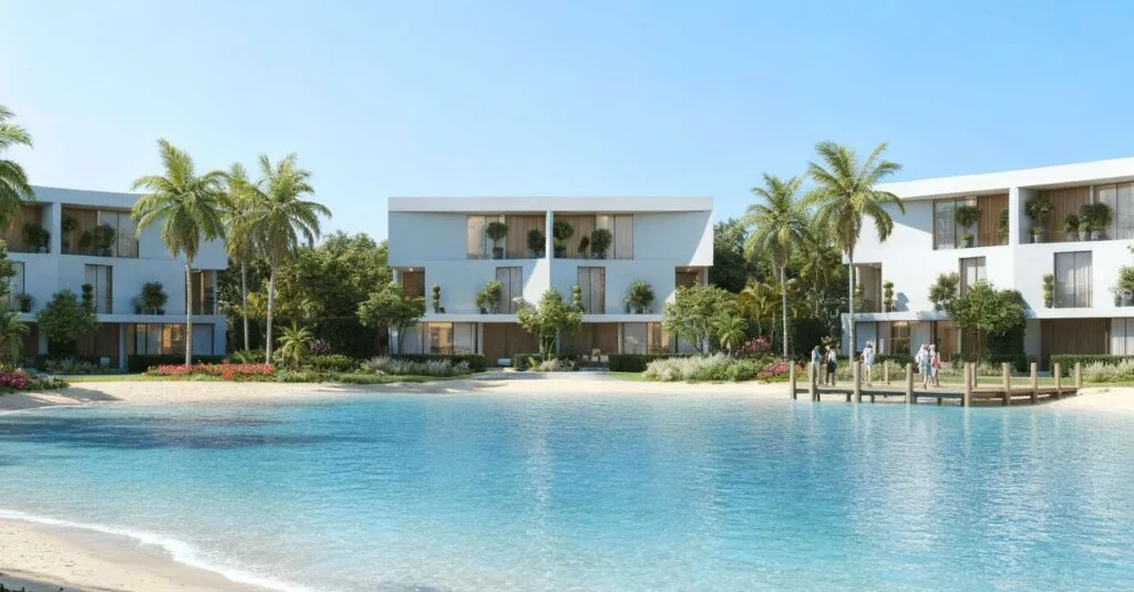 Modern white buildings near a calm blue water body with palm trees