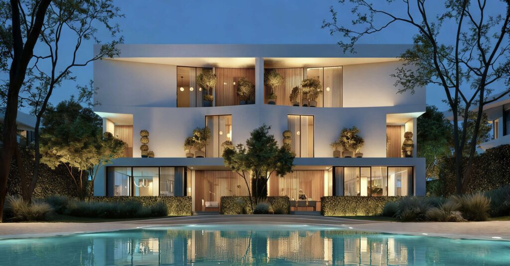 Exterior view of modern three-story building with pool