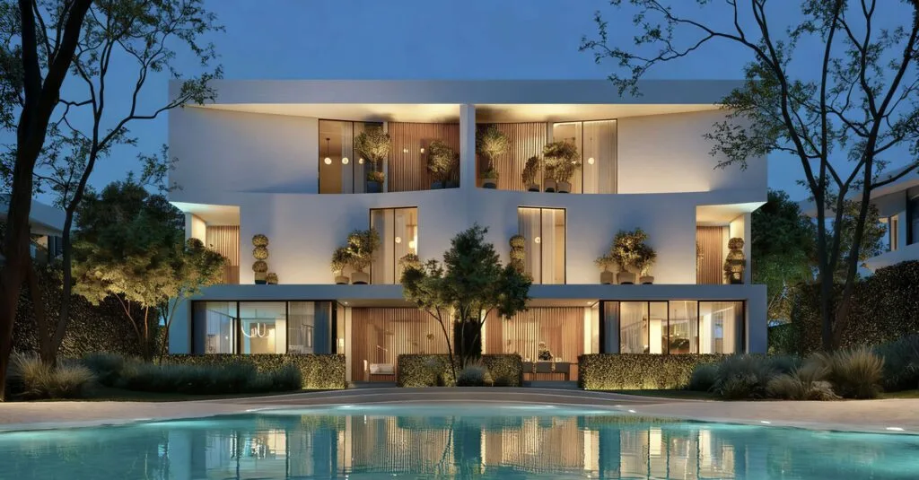 Exterior view of modern three-story building with pool