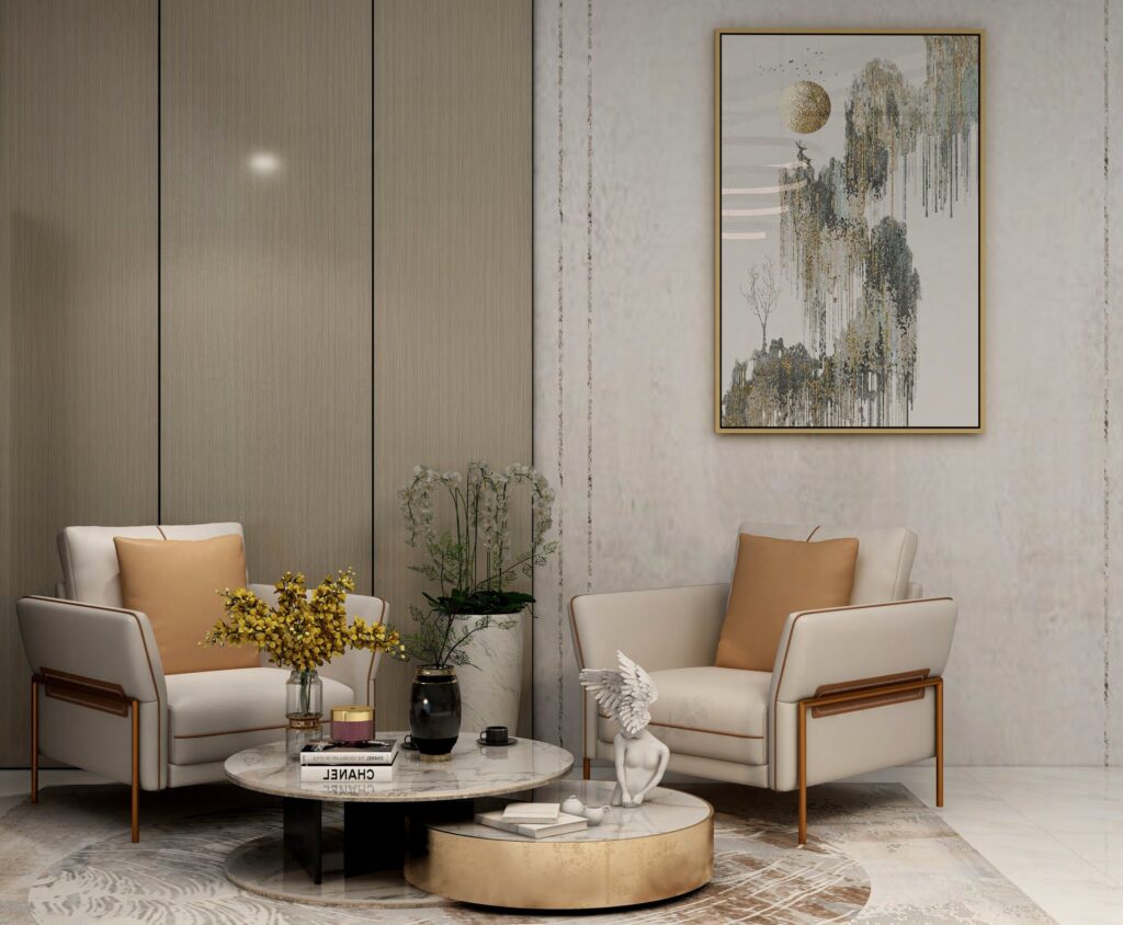 Two armchairs with cushions and round coffee tables in living room