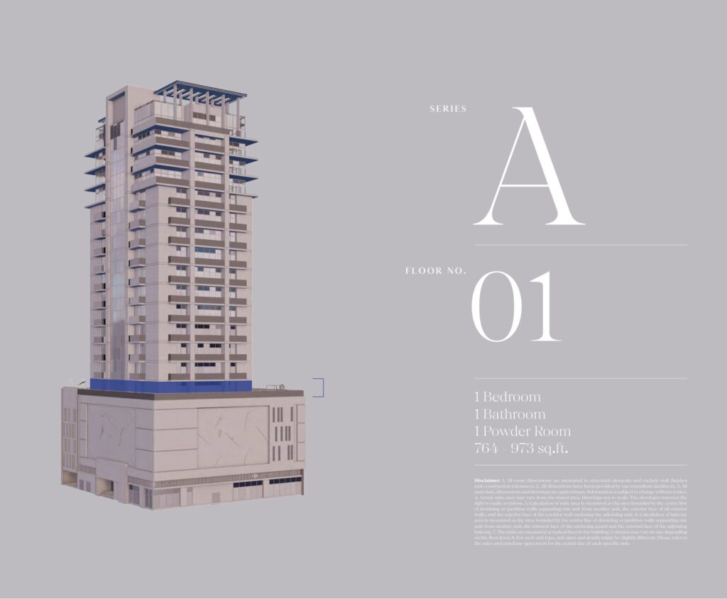 3D exterior render of a high-rise residential building