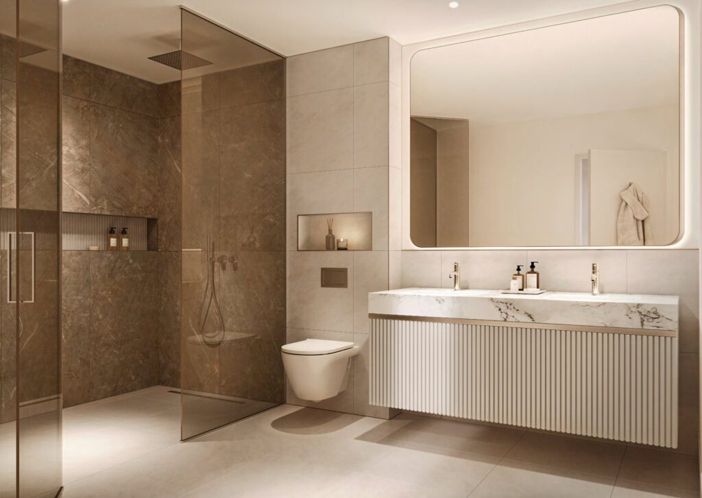 modern bathroom with double sink and glass shower enclosure