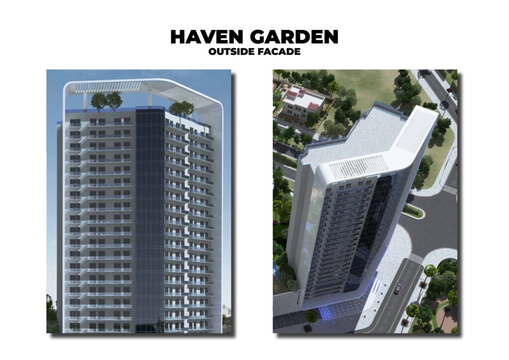 Two exterior renders of a high-rise residential building