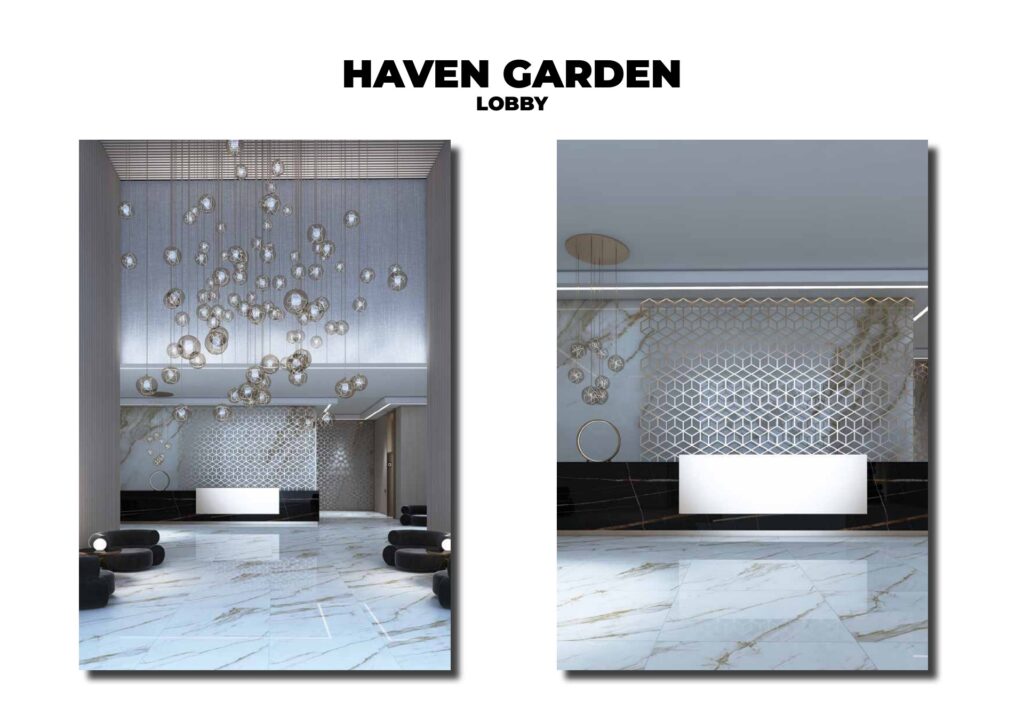 Two views of a modern lobby with marble floors and decorative lighting