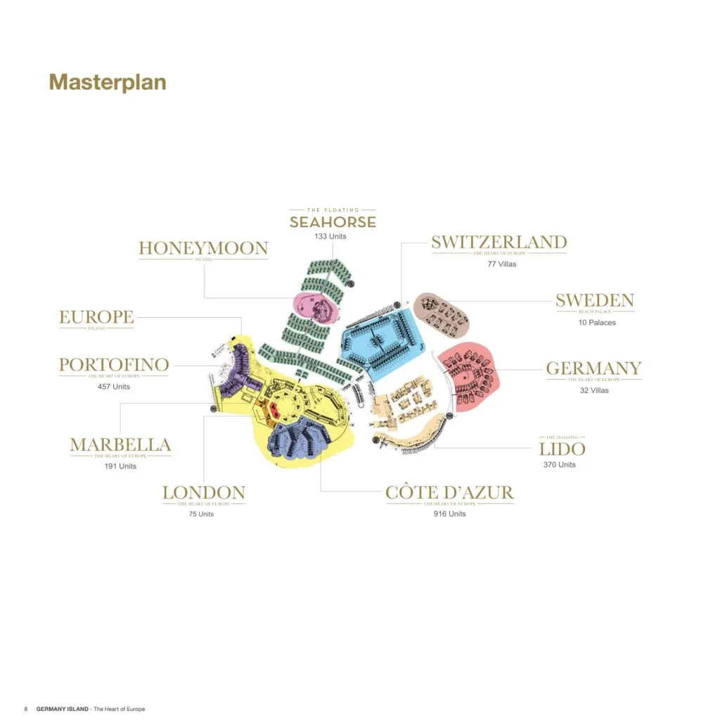 Colored masterplan layout of multiple islands with unit counts