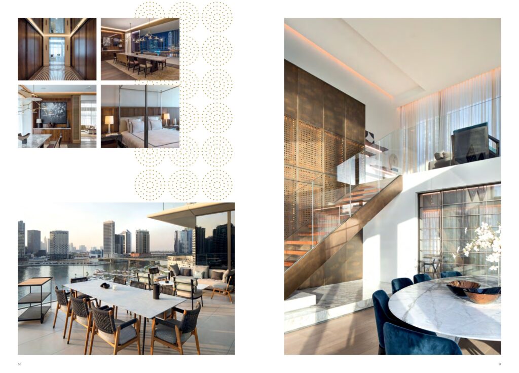 Modern interior and exterior views of apartment with city skyline