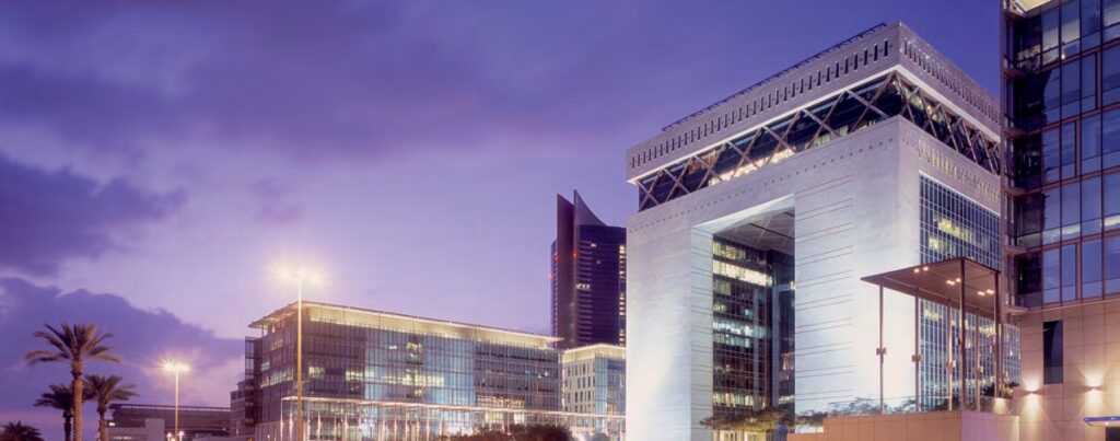 Evening cityscape with modern buildings and waterfront view
