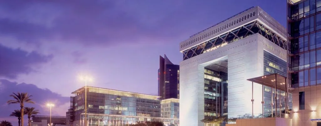 Evening cityscape with modern buildings and waterfront view