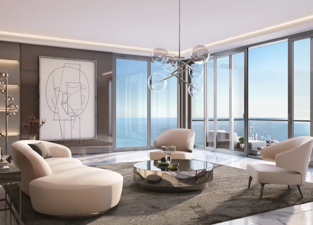 Living room with sea views in a The One JBR apartment (developer rendering)