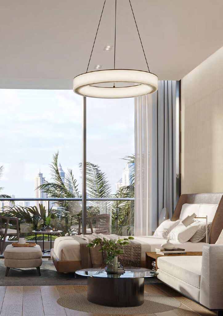 Interior living room with large window and balcony view