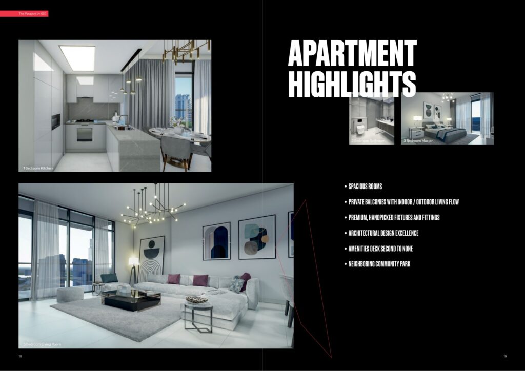Interior renders of kitchen, living room, and bedrooms