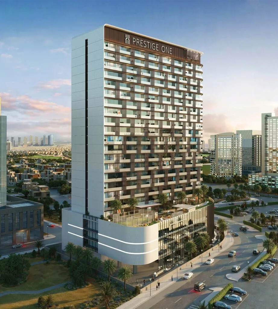 High-rise residential building with rooftop and car park