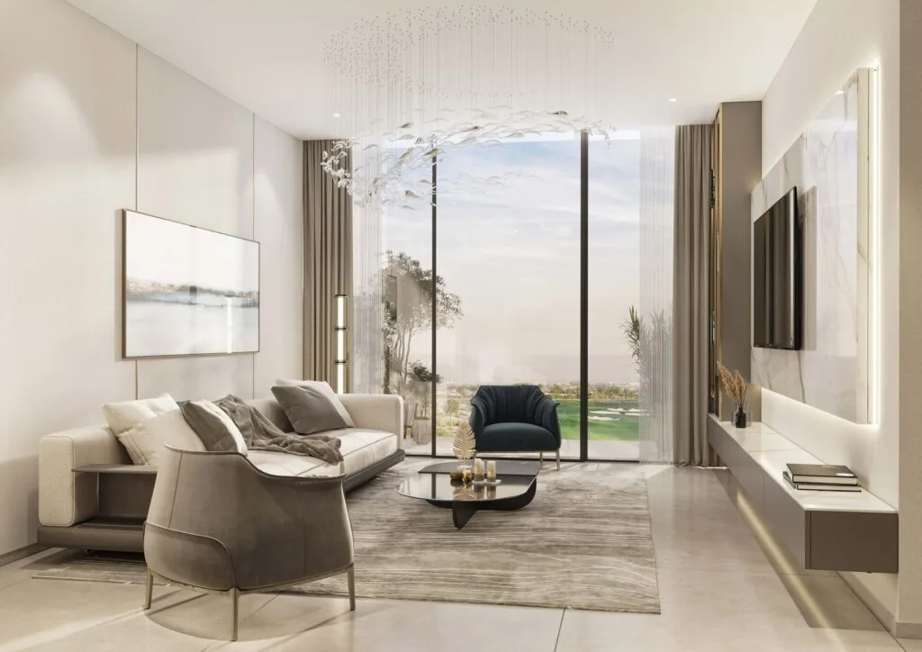 Modern living room interior with large window and city view