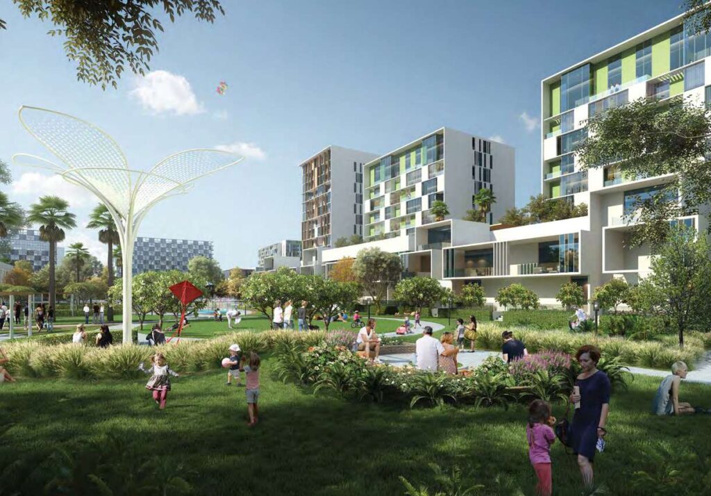 Exterior view of residential buildings with green park area