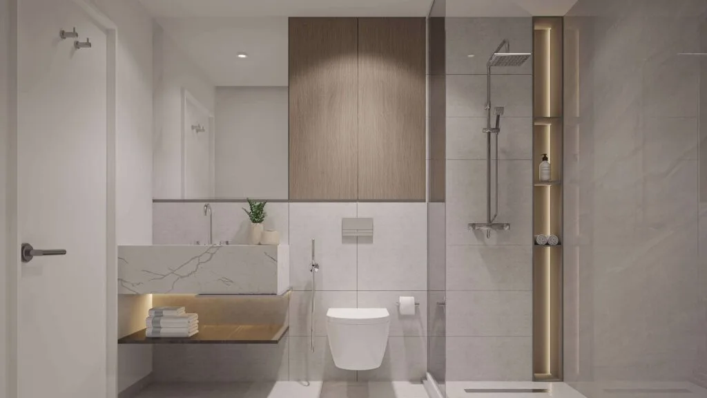 modern bathroom interior with wall-mounted toilet and shower